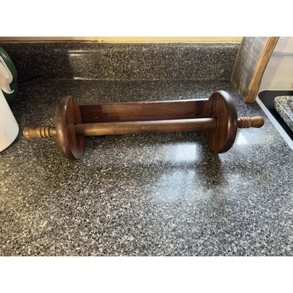 Vintage dark brown solid wood wall mount paper towel holder rolling pin shaped